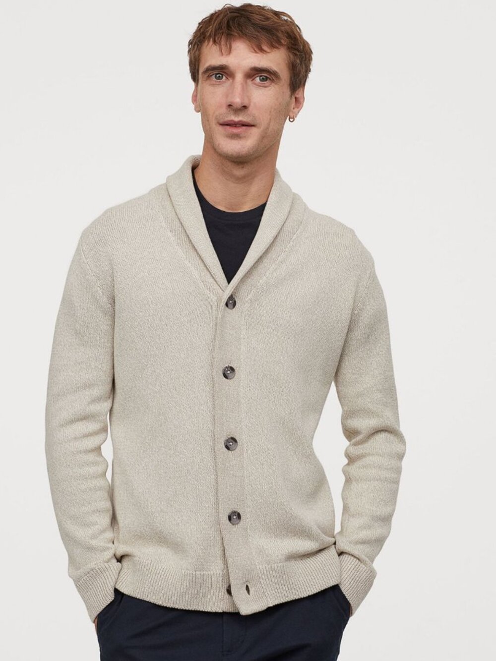 H&M Men's Button Down Shawl Collar Cardigan Cotton Off White Academia Medium